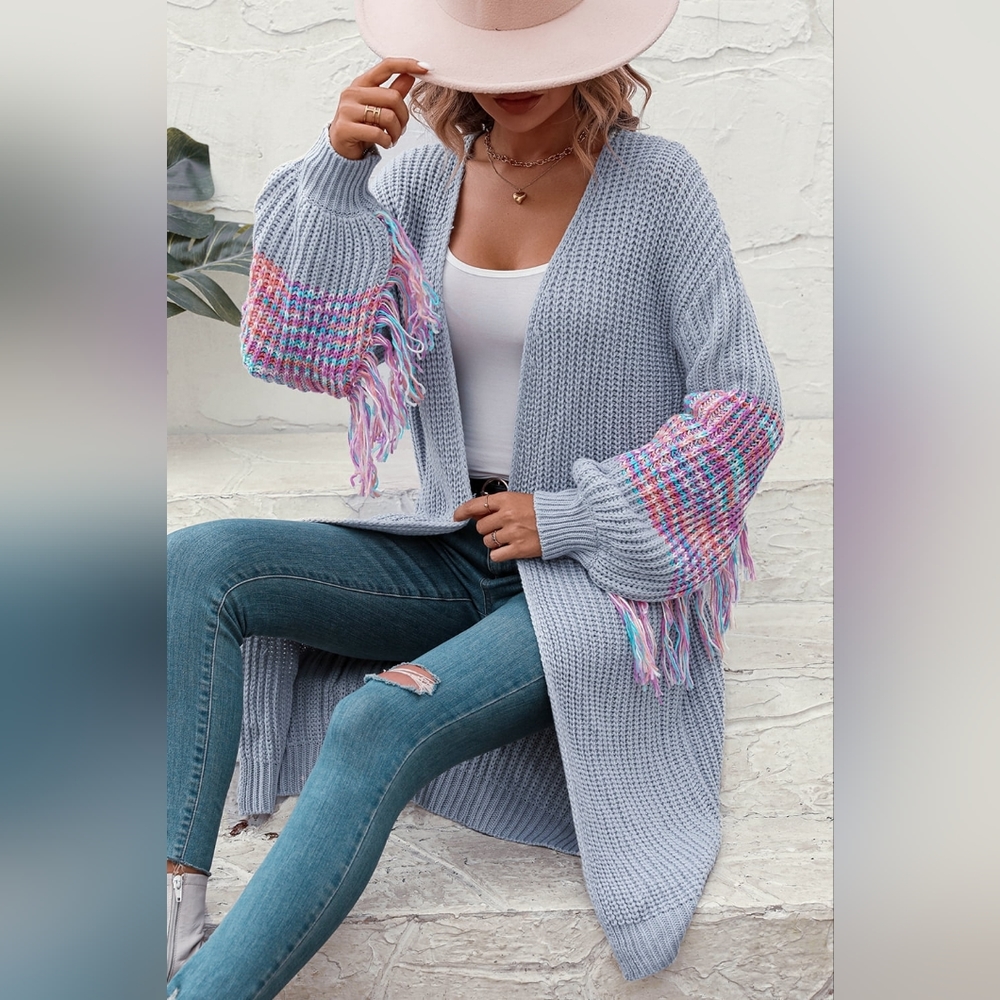 Fringe Sleeve Retro Waffle Knit Longline Cardigan Open Front Sweater Duster